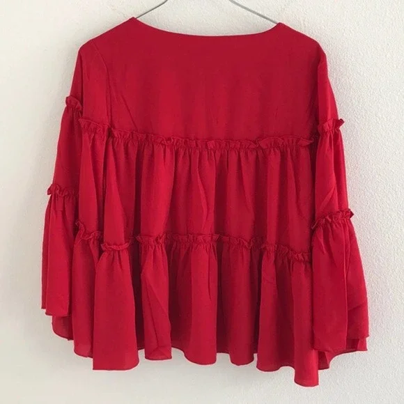 Patrizia Luca Ruffle Sleeve 3/4 Top Red Size Small - Picture 4 of 7